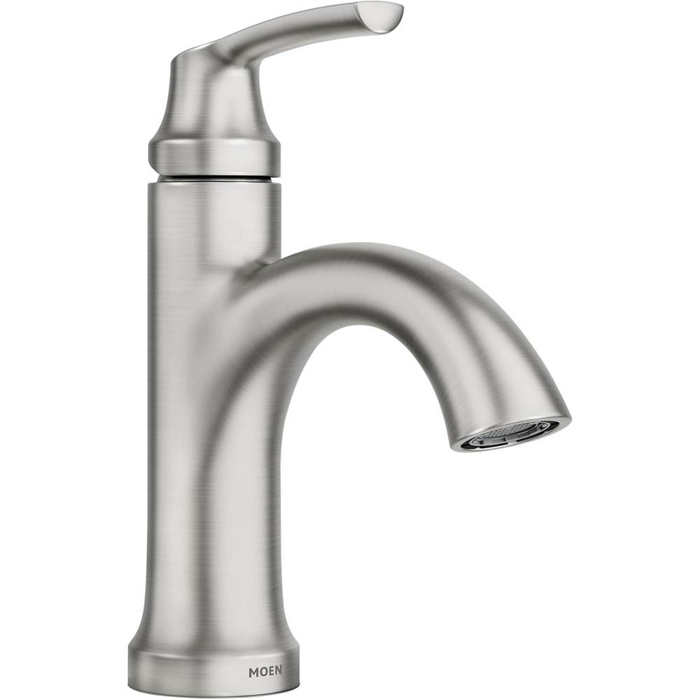 image:imageMoen Wellton Spot Resist Brushed Nickel One Hole SingleHandle Bathroom Faucet with Optional Deck Plate and Drain Assembly 84980SRN1