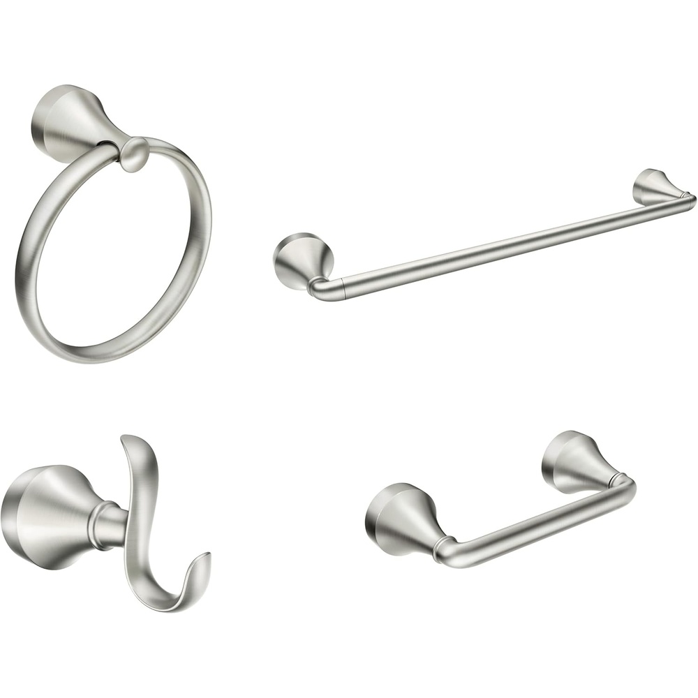 image:imageMoen Y1394BN Wellton 4Piece Bathroom Accessory Set Brushed Nickel Includes 18 Towel Bar Towel Ring Robe Hook and Pivoting Toilet Paper Holder