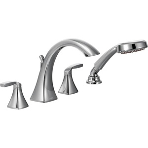 Moen T694BG Voss 2-Handle Deck Mount Roman Tub Faucet Trim Kit, Valve Required, Including Single Function Handshower, Brushed Gold(Chrome)