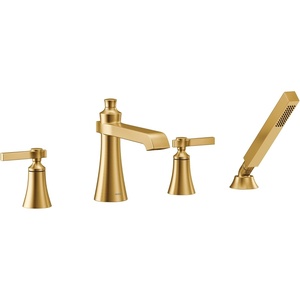 Moen TS929BN Flara 2-Handle Deck Mount Cross Handle Roman Tub Faucet Trim Kit, Valve Required, Including Single Function Handshower, Brushed Nickel(Brushed Gold)