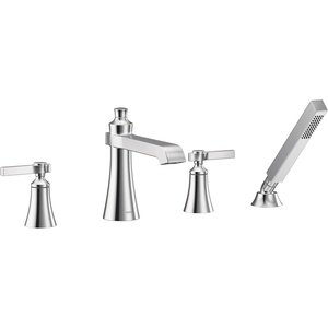 Moen TS929BN Flara 2-Handle Deck Mount Cross Handle Roman Tub Faucet Trim Kit, Valve Required, Including Single Function Handshower, Brushed Nickel(Chrome)