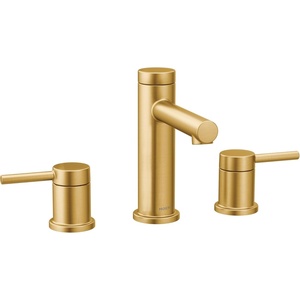 Moen Two Handle Widespread Contemporary Modern Matte Black Bathroom Sink Faucet with Drain Kit Perfect for Countertop and Wide Spread Bath Setup, T6193BL(Brushed Gold)