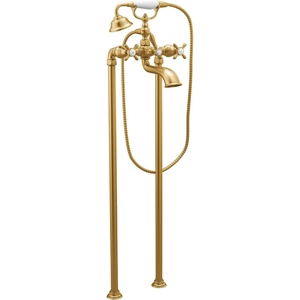 Moen Weymouth Brushed Gold Two-Handle Freestanding Tub Filler with Cross-Handles and Handshower, S22105BG
