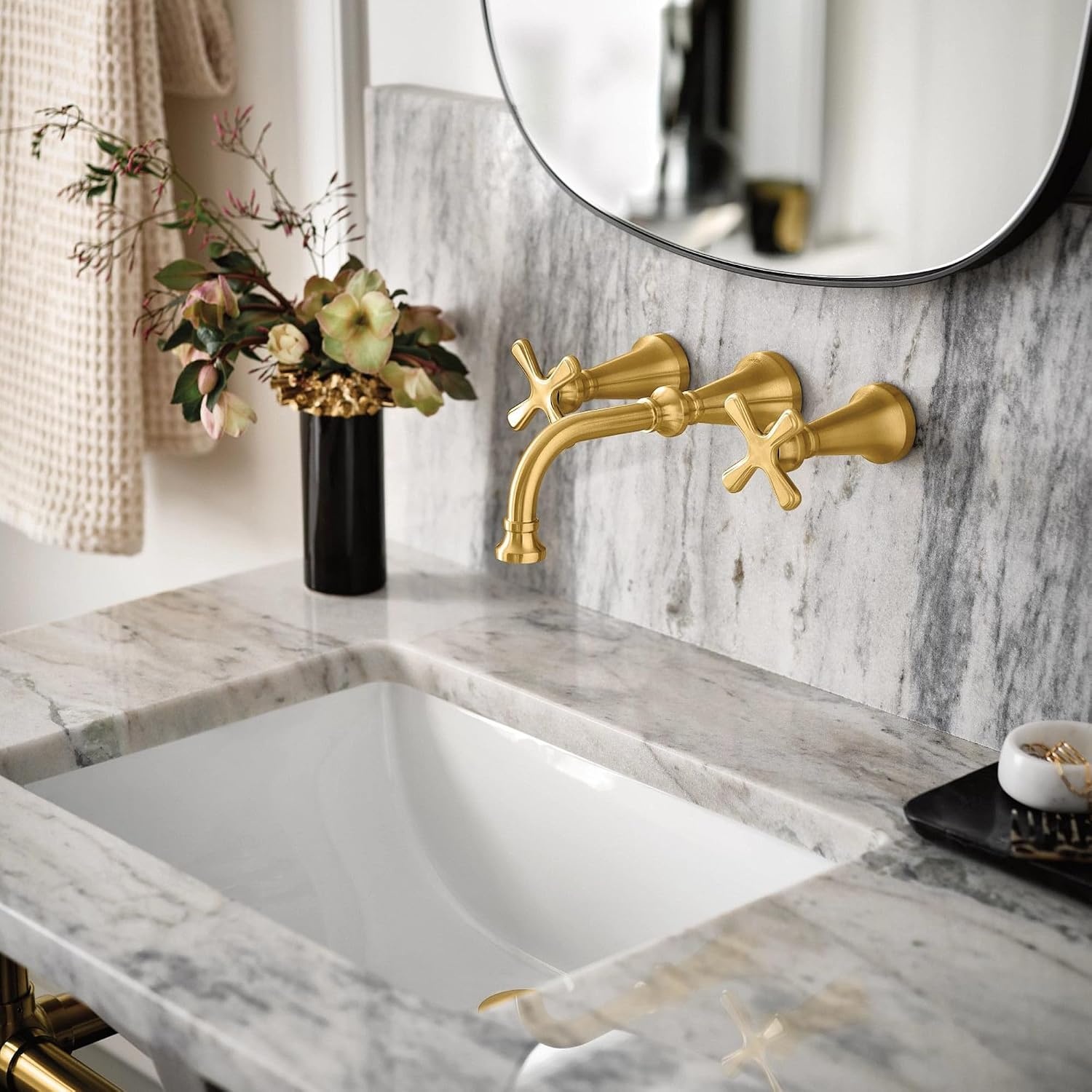image:imageMoen Colinet Brushed Gold Traditional TwoHandle Widespread HighArc Bathroom Faucet with Cross Handles Valve Required TS44103BGBrushed Gold