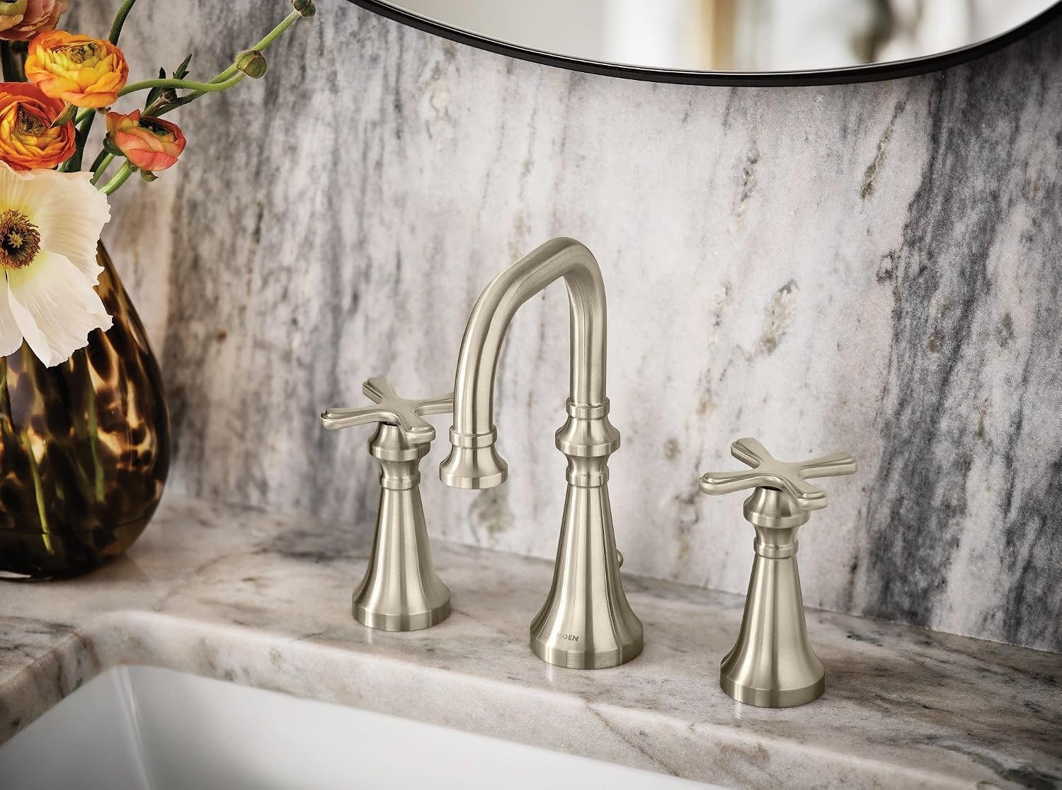 image:imageMoen Colinet Brushed Gold Traditional TwoHandle Widespread HighArc Bathroom Faucet with Cross Handles Valve Required TS44103BGBrushed Nickel