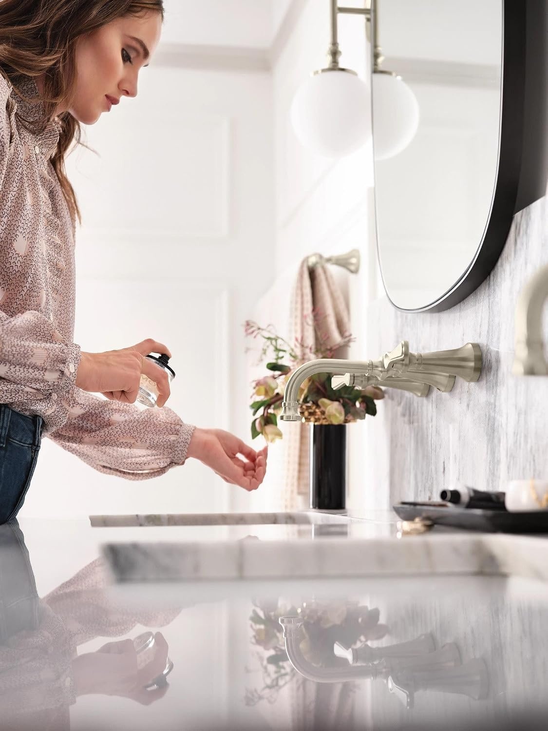 image:imageMoen TS44104BN Colinet Traditional Lever Handle Wall Mount Bathroom Faucet Trim Valve Required Brushed Nickel