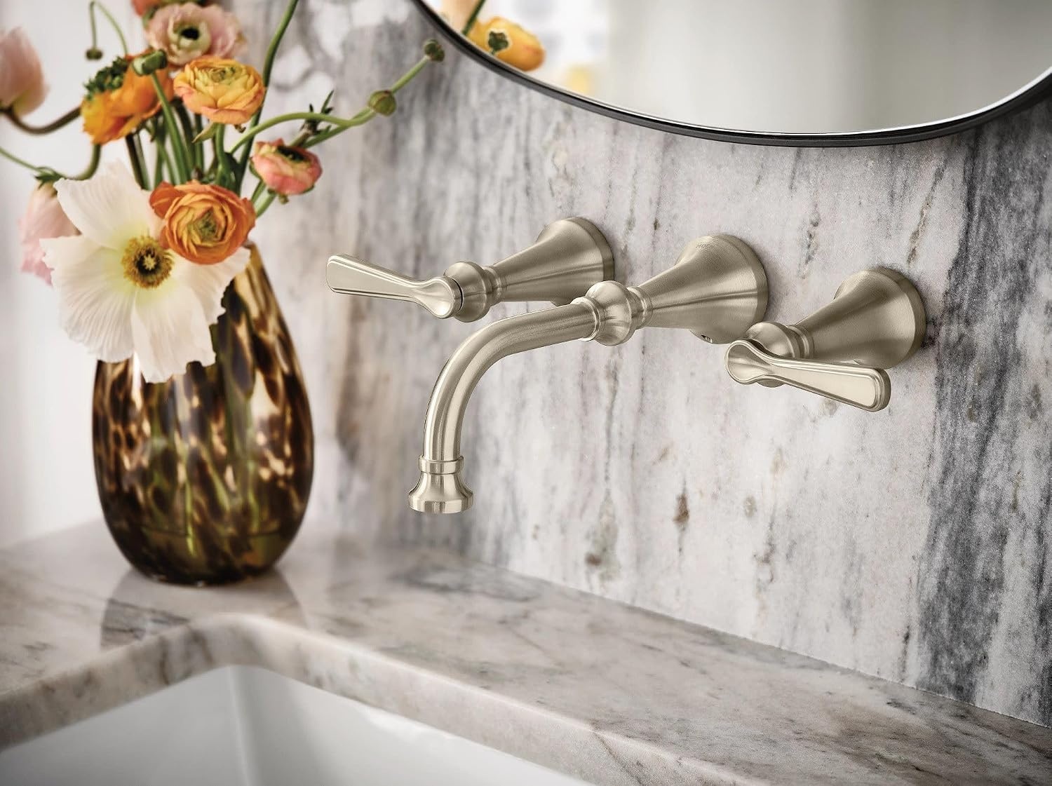 image:imageMoen TS44104BN Colinet Traditional Lever Handle Wall Mount Bathroom Faucet Trim Valve Required Brushed Nickel
